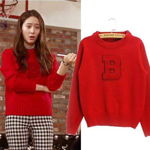 Celebrity Sweater Letter B Printed Hedging Slim Knit Red Pullover
