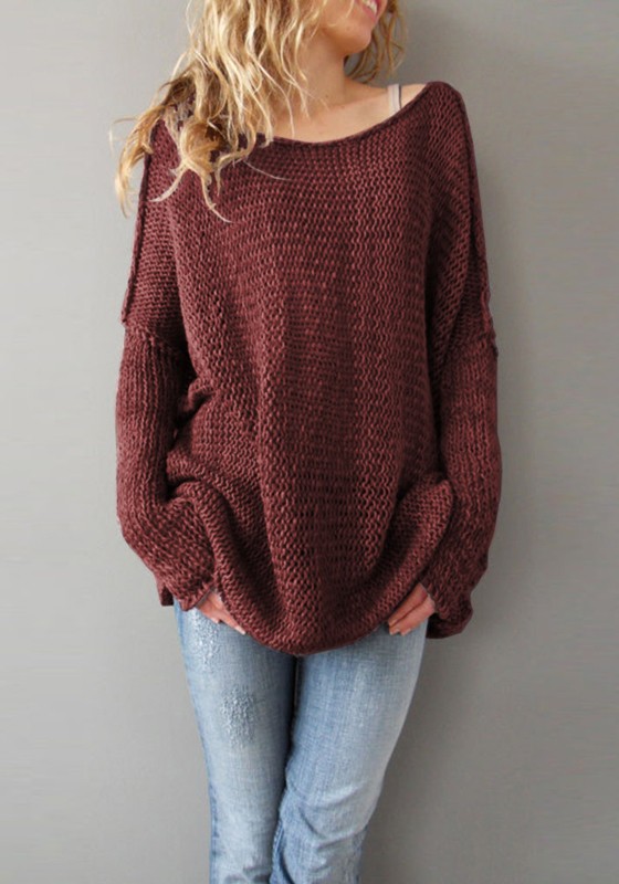 Wine Red Plain Round Neck Long Sleeve Pullover Sweater - Pullovers