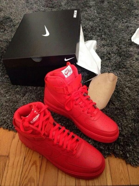 shoes, nike sneakers, nike, nike air force 1, all red nike airforces