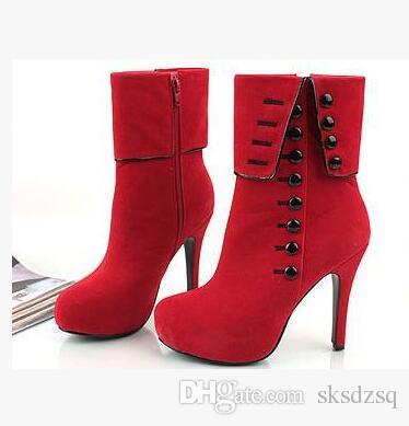 Women Ankle Boots High Heels Fashion Red Shoes Woman Platform Flock