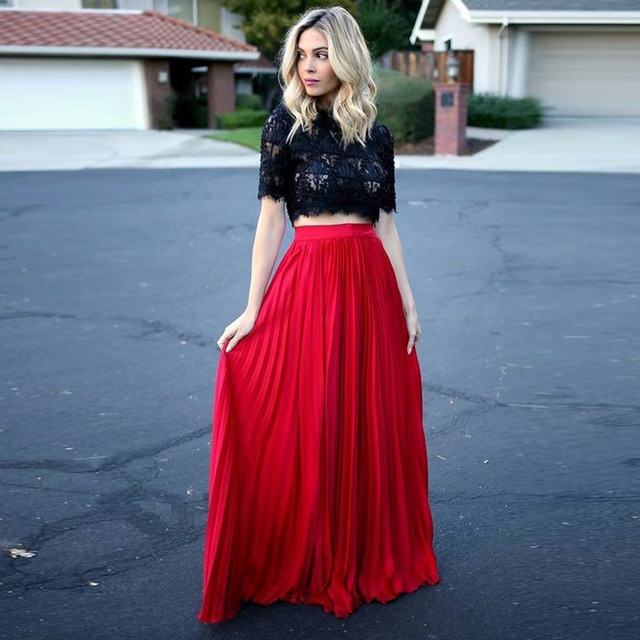 England Style Red Pleated Long Skirts For Pretty Women Floor Length