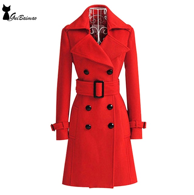 Red Winter Coat Women's Double Breasted Long Sleeve Classic Belted