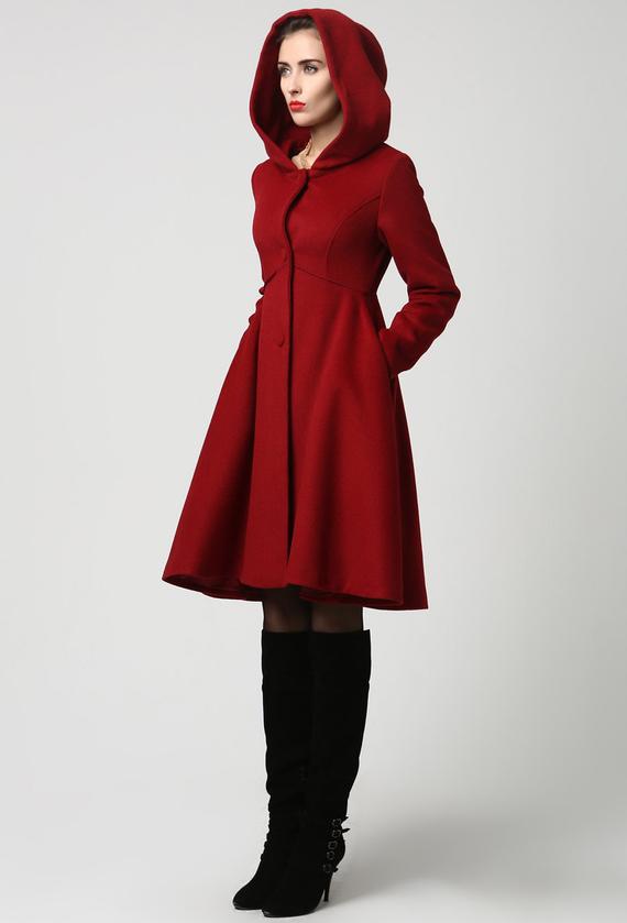 Wool Coat Winter Coat Red coat hooded coat women coat | Etsy