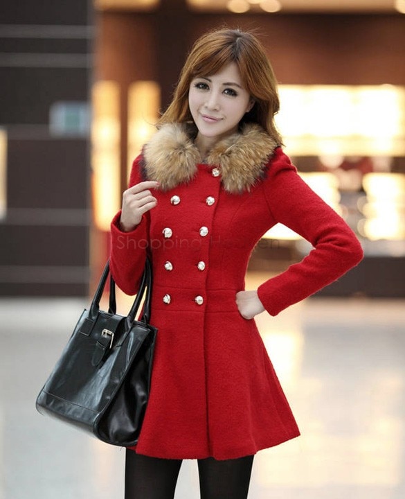 Outerwear & Coats Wool 2014 new fashion women's coat red winter plus