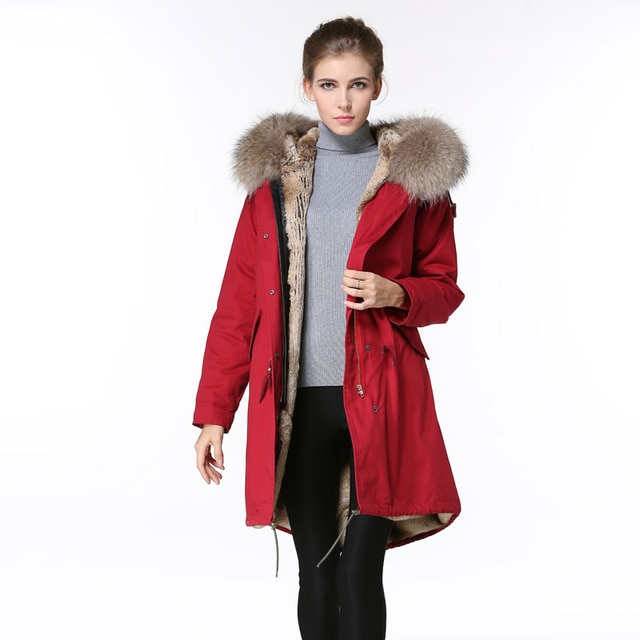 Long Red Parka Fashion Winter Wear,Natural Raccoon Fur Hoodies With