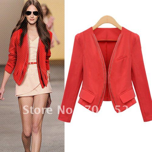 Hot Trendy False double zipper suit Solid Blazers women's Red jacket