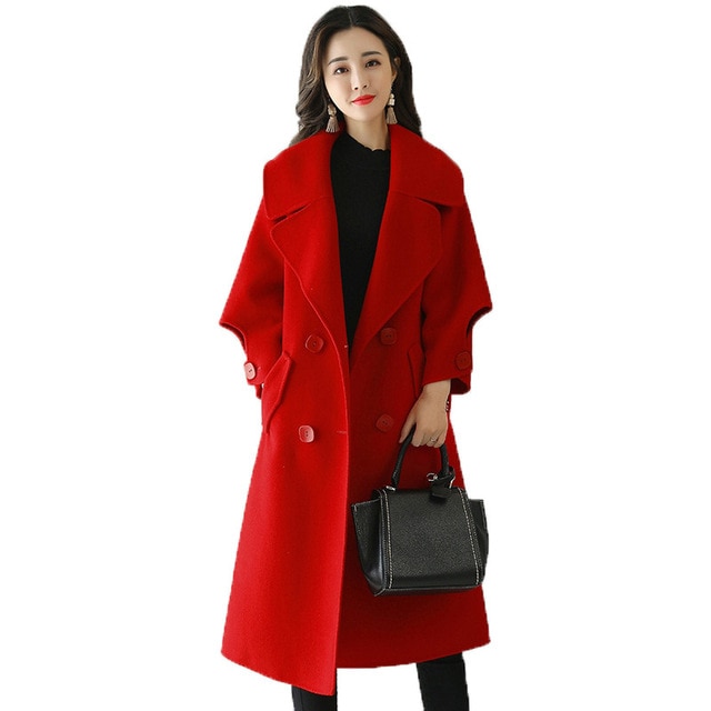 Red Women Wool Coat Double Breasted Fashion Long Parka Overcoat New