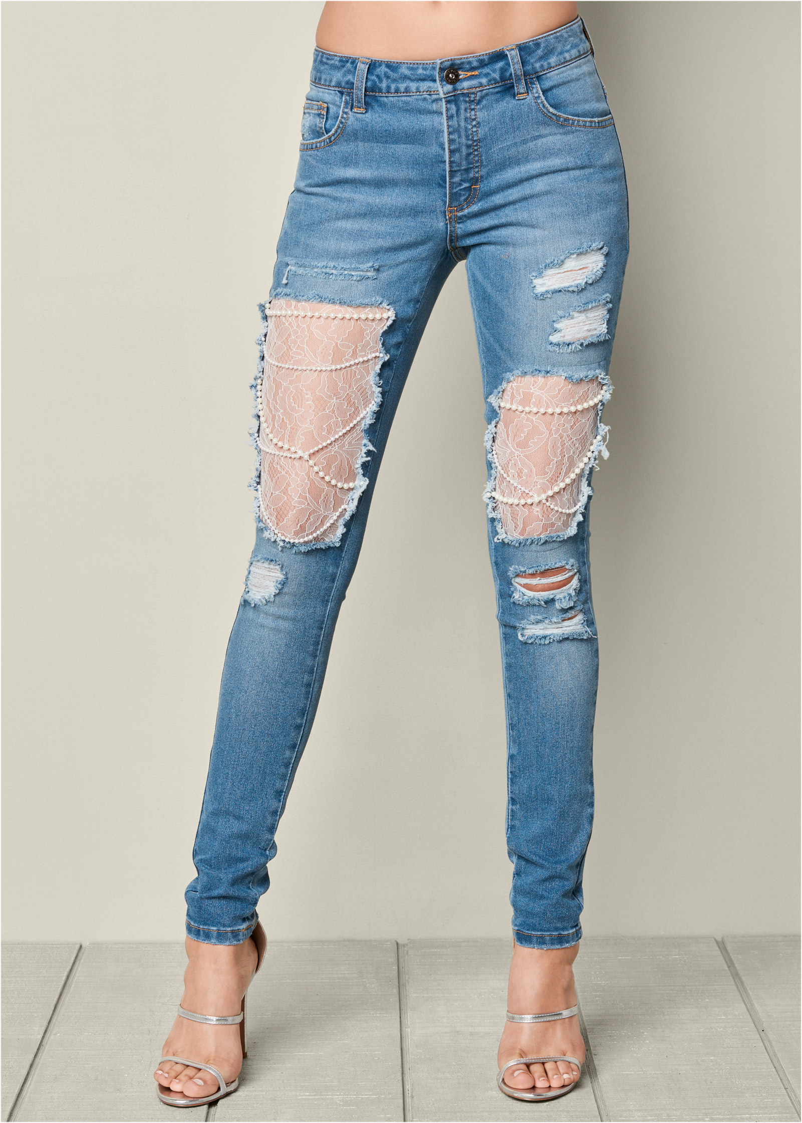 LACE AND PEARL RIPPED JEANS in Medium Wash | VENUS