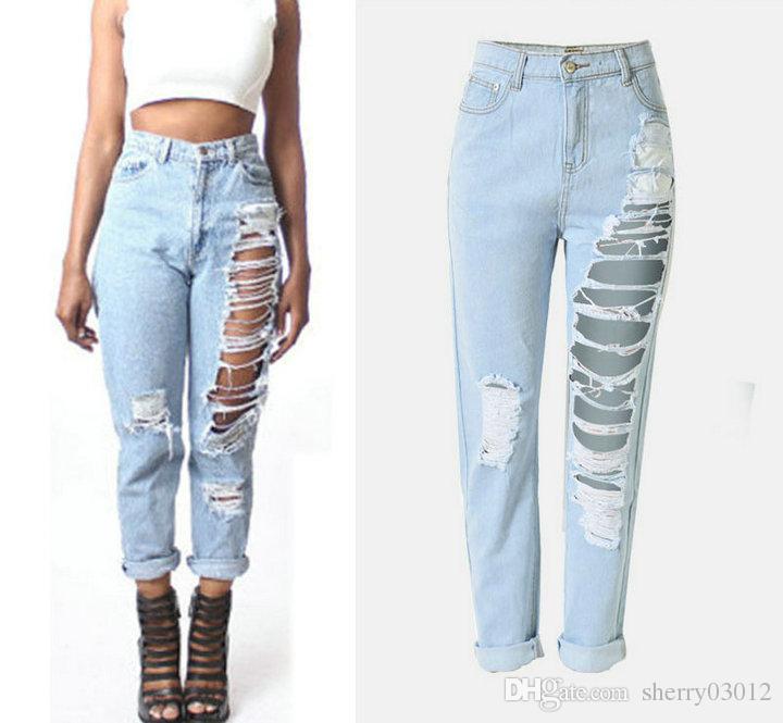 2019 2017 Womens Fashion Hole Jeans Straight Pants Ripped Jeans With