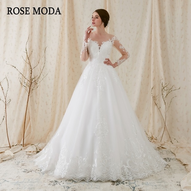 Rose Moda Romantic Long Sleeves Wedding Dress Lace Wedding Ball Gown