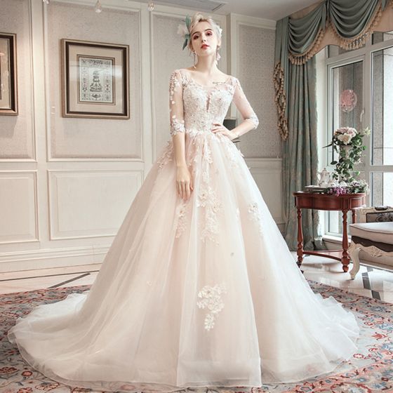 Romantic Champagne See-through Wedding Dresses 2019 A-Line