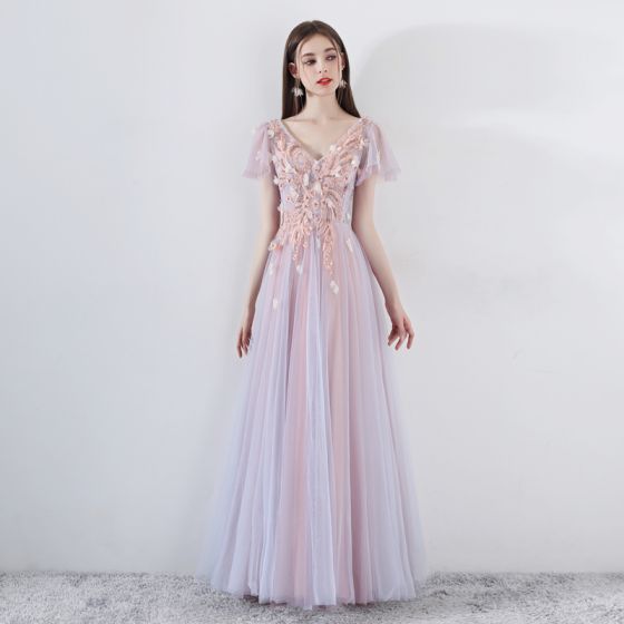 Romantic Pearl Pink Prom Dresses 2019 A-Line / Princess V-Neck