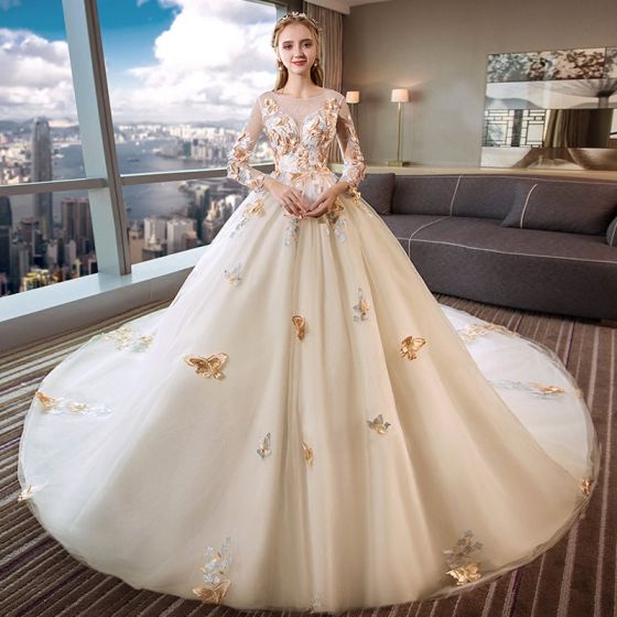 Romantic Ivory See-through Wedding Dresses 2019 Ball Gown Scoop