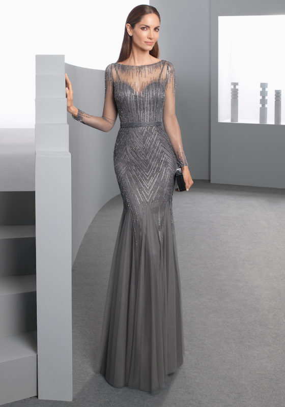 Rosa Clara Cocktail | Gray Evening Dress In Illusion Detail | DBR