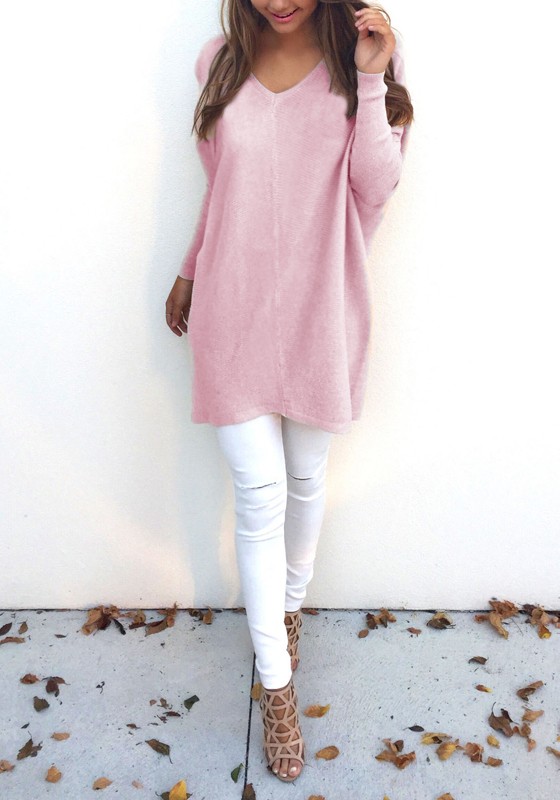 Pink Plain V-neck Long Sleeve Fashion Pullover Sweater - Pullovers