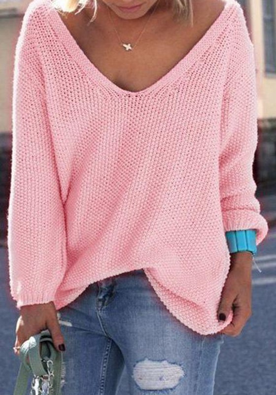 Maglione semplice v-collo maniche lunghe moda allentato rosa
