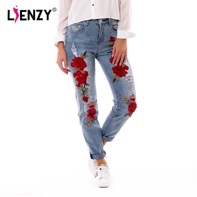 LIENZY Summer Red Rose Embroidered Jeans For Women High Elastic
