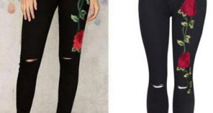 2019 Black Floral Jeans Women Fashion Rose Embroidery Design High