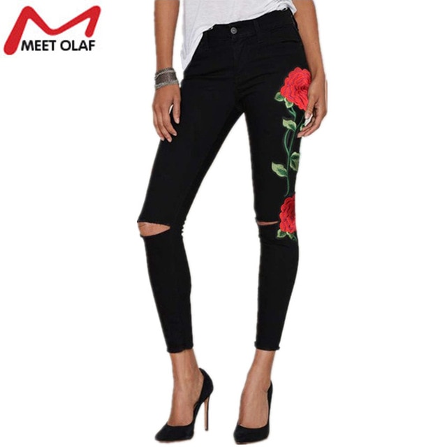 2017 Ripped Jeans For Women Rose Embroidery Skinny Long Denim Pencil
