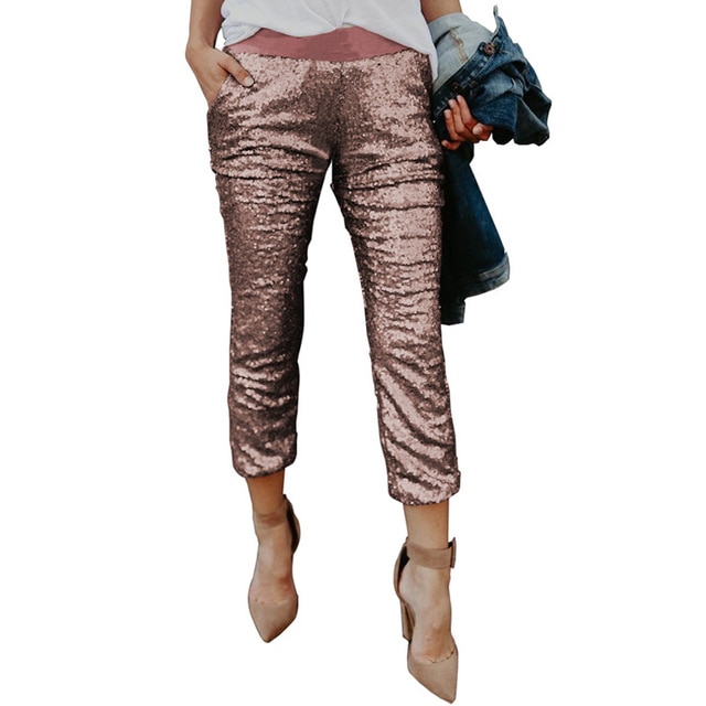 Celeb Style Bodycon Sequin Pants Women Rose Gold Ankle Length