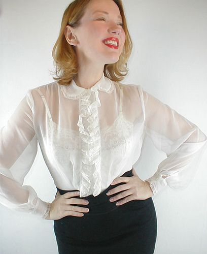 50s sheer white ruffled blouse in 2019 | topsdressy | Pinterest