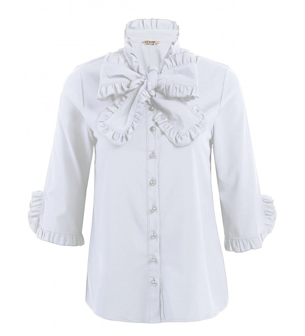 Womens Stand-Up Bowknot Collar Long Sleeve Lotus Ruffle Blouse