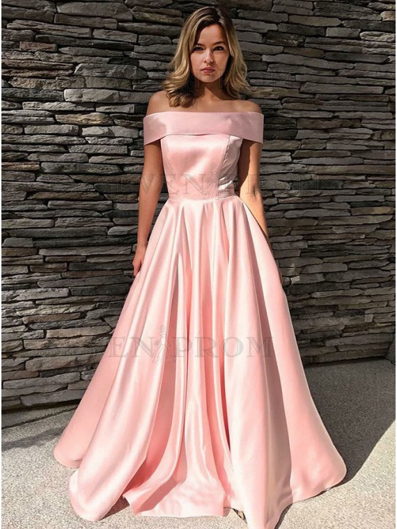 Buy A-Line Off-the-Shoulder Floor-Length Pink Satin Prom Dress from