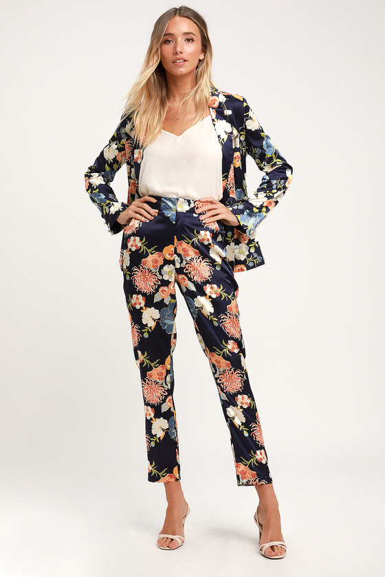 Chic Navy Blue Floral Print Trousers - Satin Trousers - Blue Pant