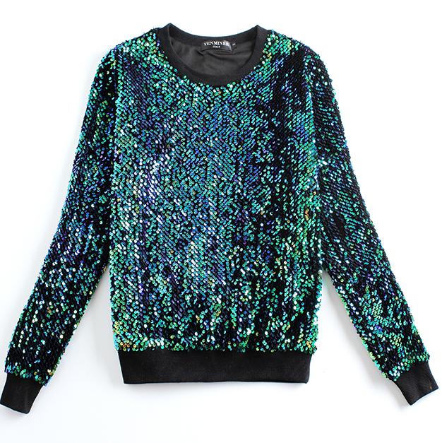 New Fashion women Hoodies Round neck brand Sequined beading gold