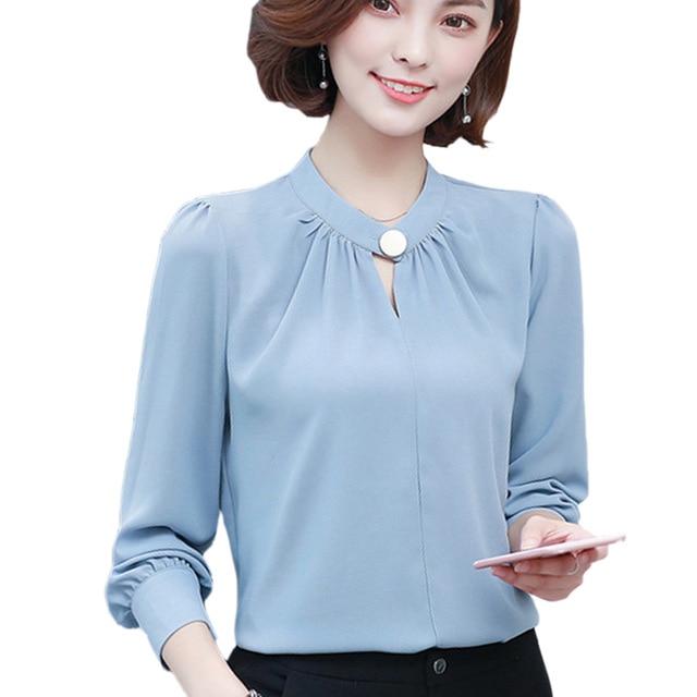 Korean Elegant Office Wear Women Tops Long Sleeve Chiffon Shirt