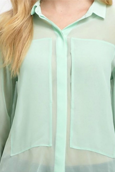 Green Sheer Shirt with Concealed Button Placket - Beautifulhalo.com