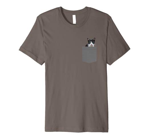 Amazon.com: Black White Cute Cat Breast Pocket Humor Pink T-shirt