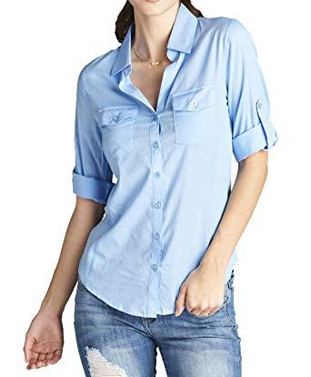 ATTItude Women's Button Down Shirts Blouse with Roll-up Sleeve, Full