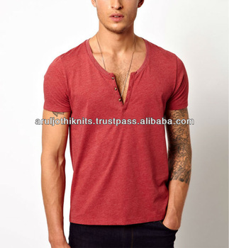 Mens Scoop Neck T Shirt With Button Placket