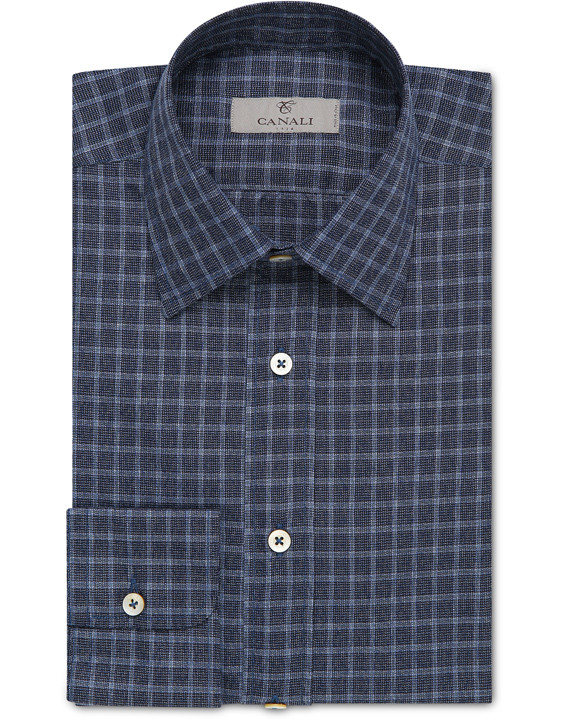 Elegant blue cotton casual shirt with textured Vichy check for men