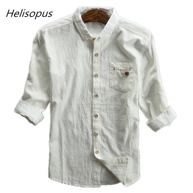 Helisopus 2018 Summer Men Linen Cotton Shirt Half Sleeve Thin Grey