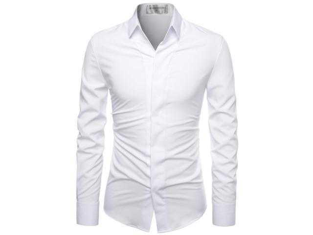 Mens White Wrinkle Free Stretch Hidden Button-Down Dress Shirts