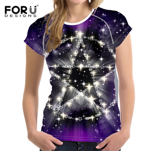 FORUDESIGNS Cool Galaxy Women T shirt,Star Print Summer Tops Femme