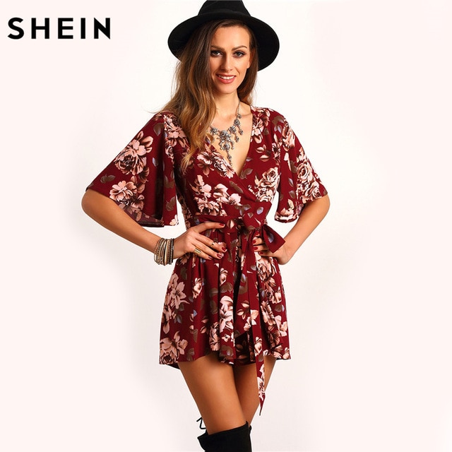 SHEIN Shorts Rompers Womens Jumpsuits Summer Ladies Red Sexy Deep V