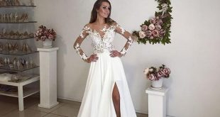 Discount Romantic A Line Long Sleeves Wedding Dresses Side Split