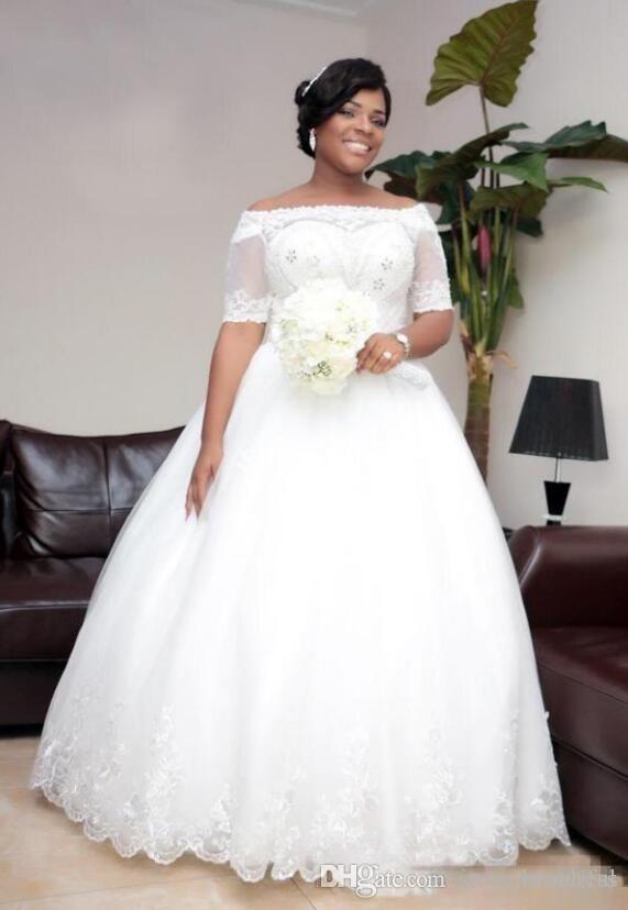 Discount Nigeria Lace Off Shoulder Wedding Dresses Sheer Half