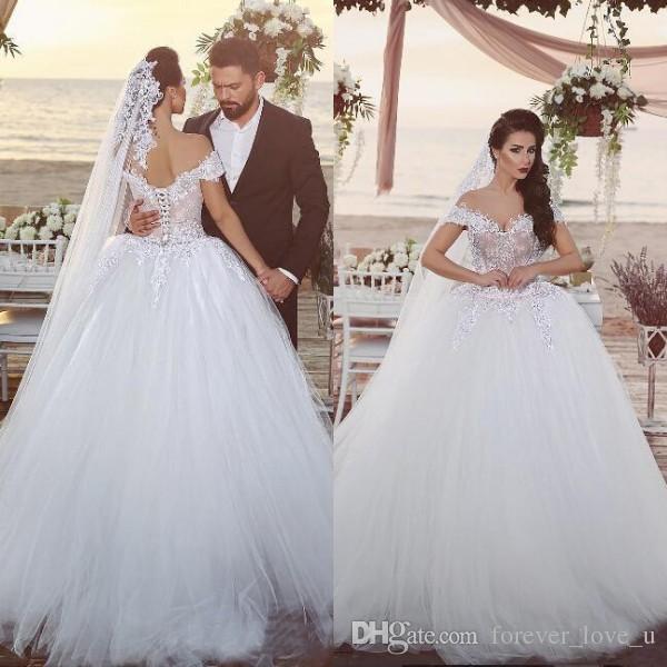Arabic Big Ball Gown Wedding Dresses Off The Shoulder Nude Lined Top