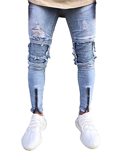 Men's Distressed Skinny Slim Fit Zip Jeans with Rips and Biker Details