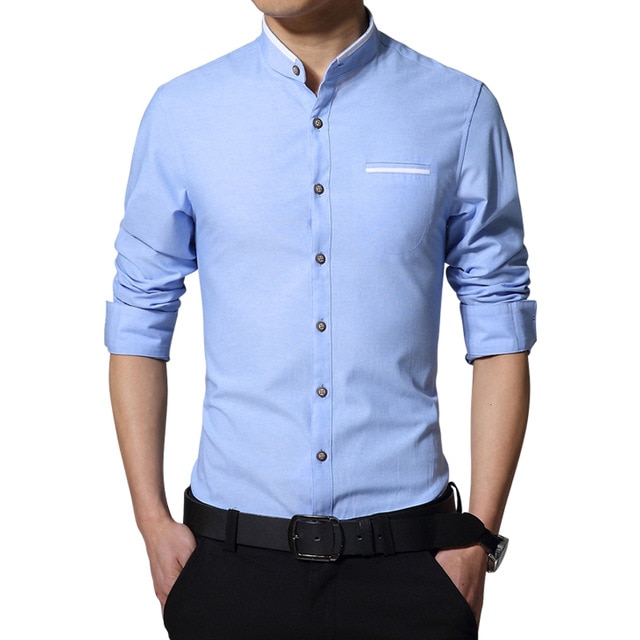 New Fashion Men Long Sleeve Dress Shirt 2017 Mandarin Collar Slim