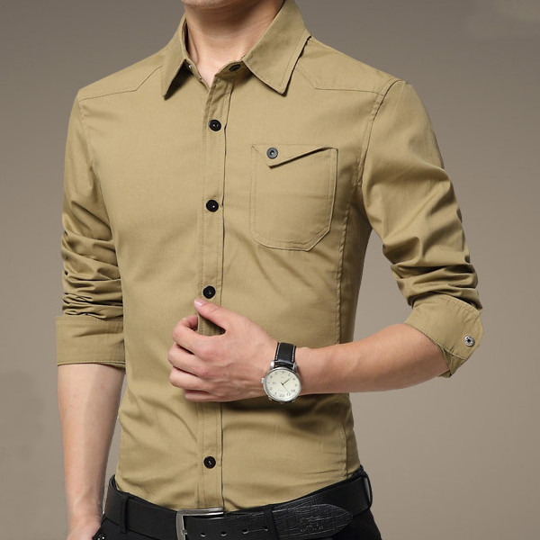 mens casual long sleeves shirts cotton pure color dress slim fit