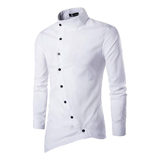 Comfy Men Western Oblique Button Down Small Stand Collar Shirt White