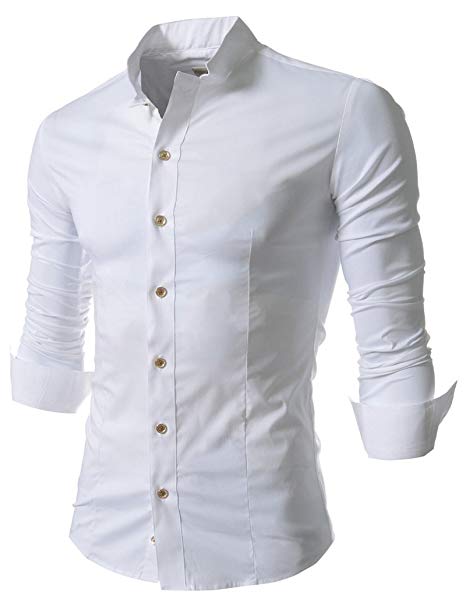 Easy Mens Retro Stand up Collar Long Sleeve Slim Fit Dress Shirts L