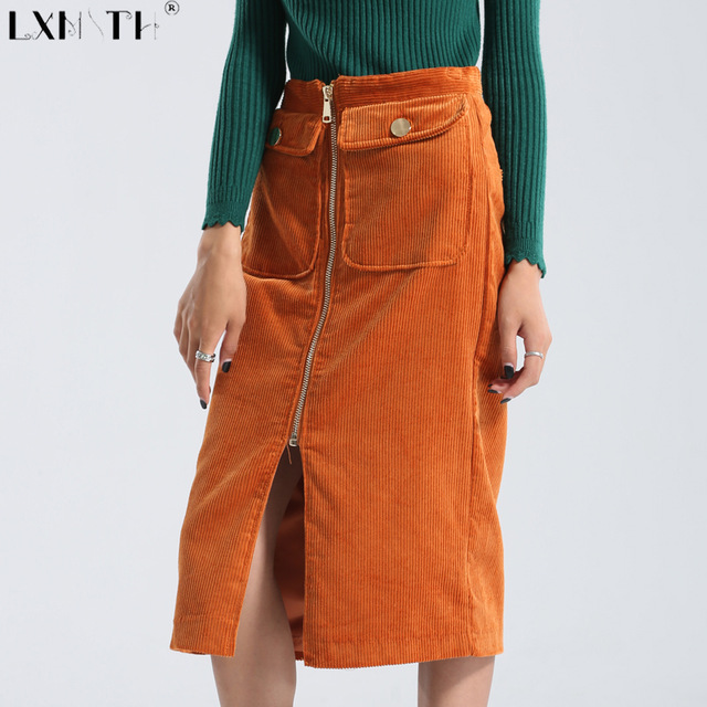 Winter Corduroy Skirt Women Zipper Knee Length Padded Ladies