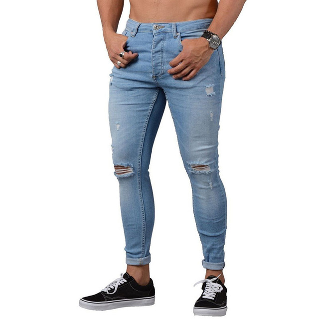 Vintage Ripped Biker Jeans Men's Stretch Denim Pants Skinny Slim Fit