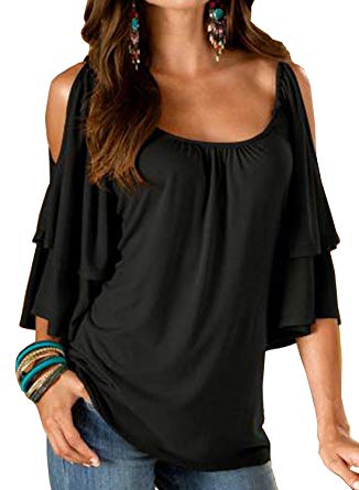 Merryfun Women's Summer Cold Shoulder Ruffle Sleeve Loose Stretch